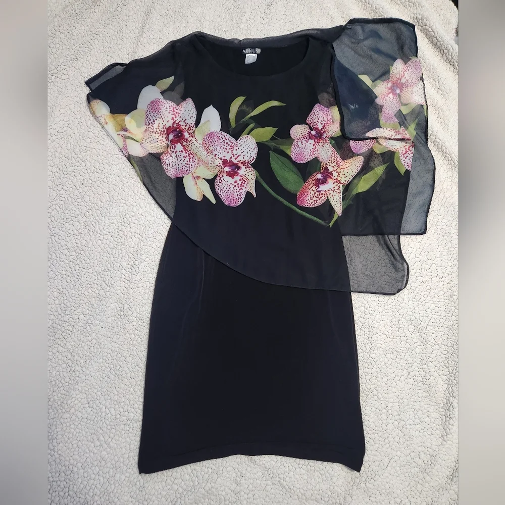 Venus black dress with floral lay over - Picture 3 of 7